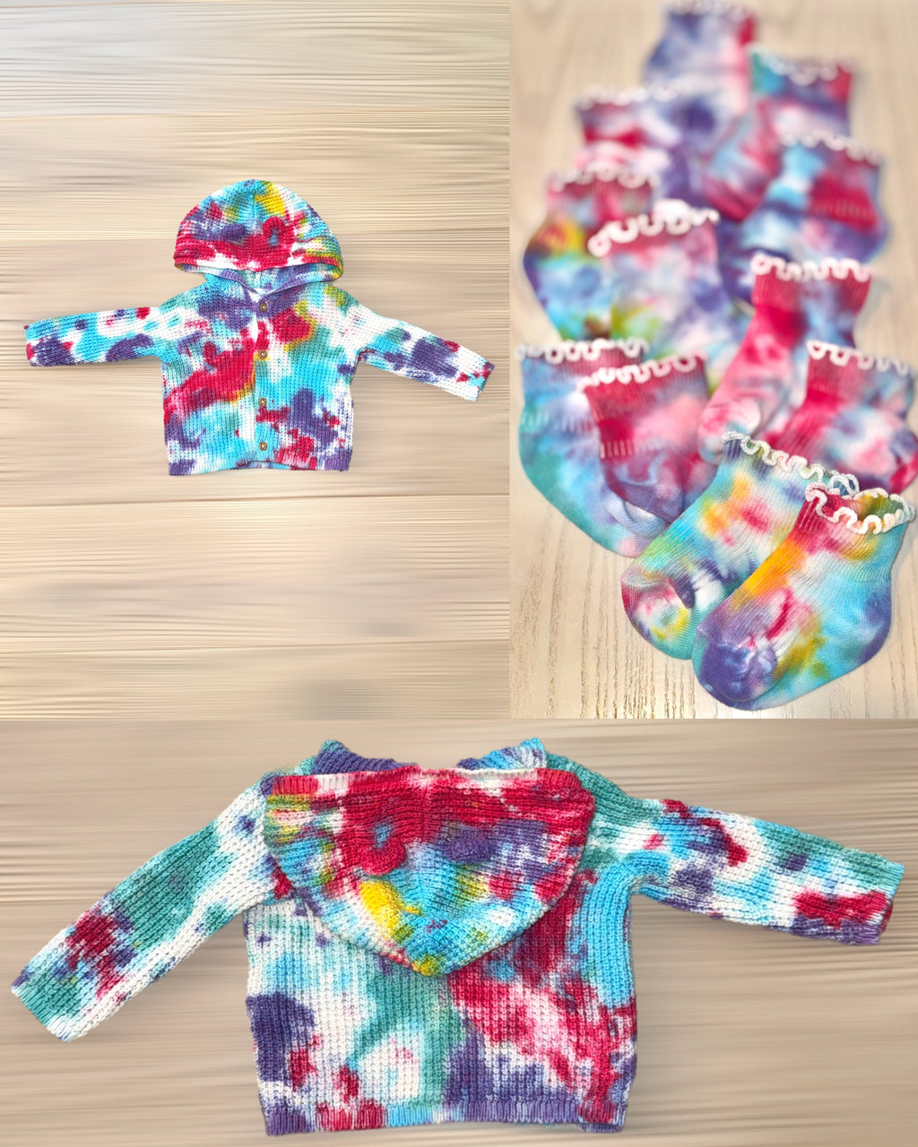 Hand-Dyed Set (6M): Baby Sweater with Hooded Ears + Ruffle Socks Arts & Crafted