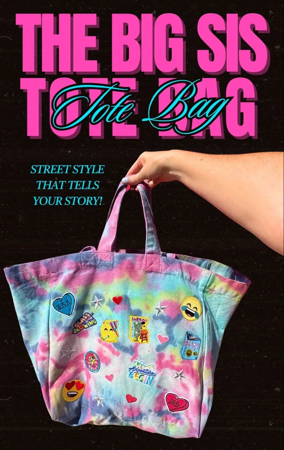 Colorful tie-dye tote bag with emoji patterns held by a hand against a black background with text.