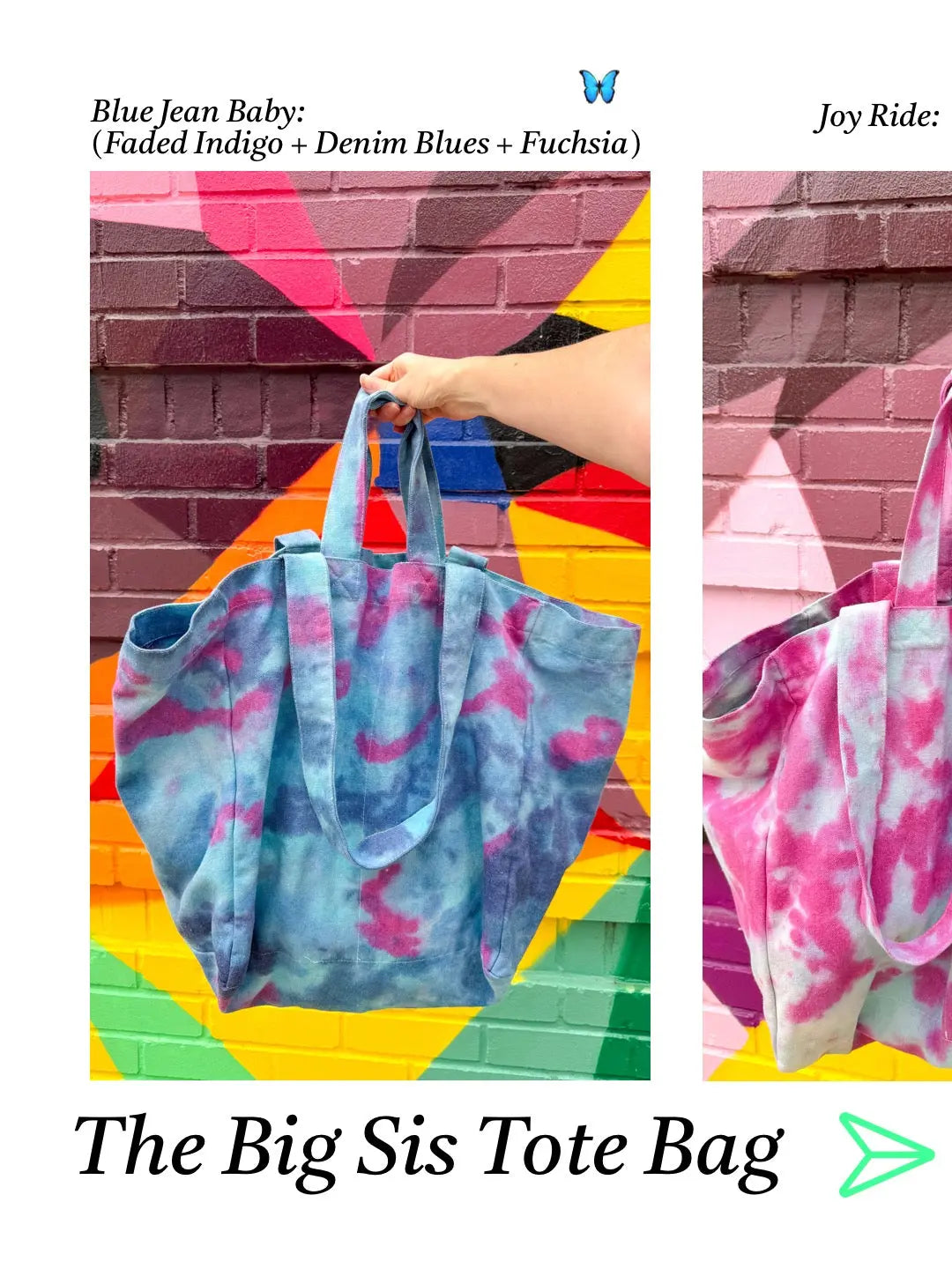Tote bag with tie-dye pattern held by a hand against a colorful brick wall.