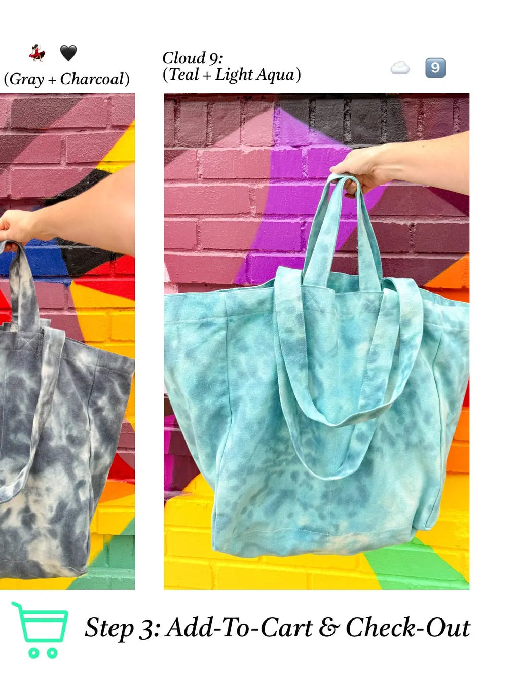 Two tote bags, one gray and one blue tie-dye, held by a person against a colorful brick wall.