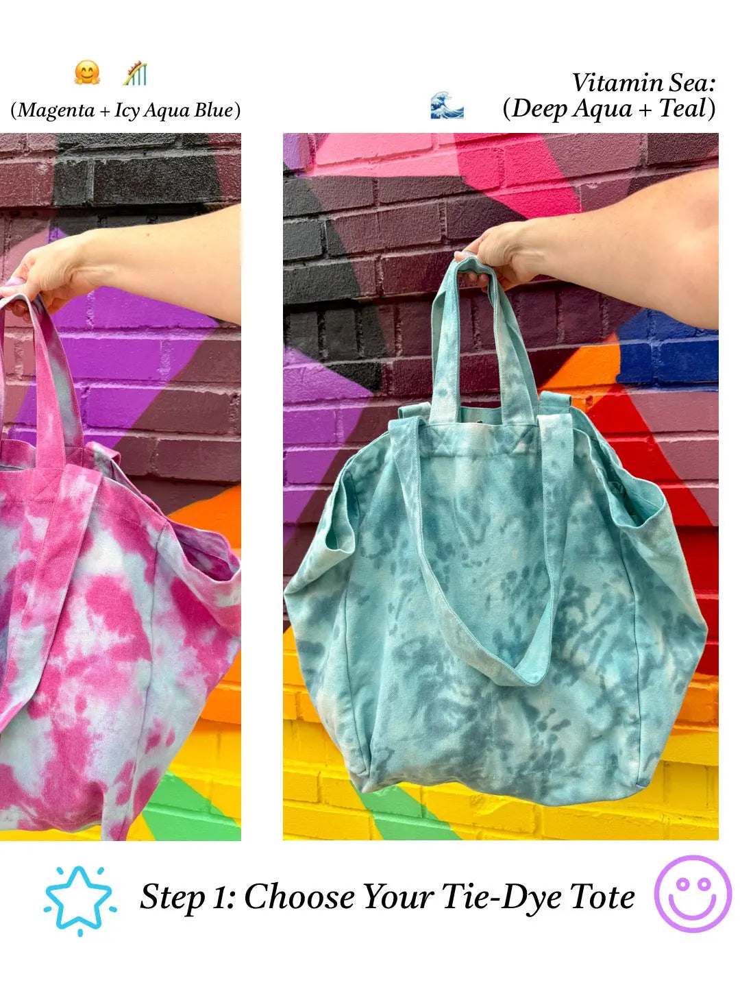 Two tie-dye tote bags, one pink, icy aqua blue and white, the other blue and green, held by a person against a colorful brick wall.