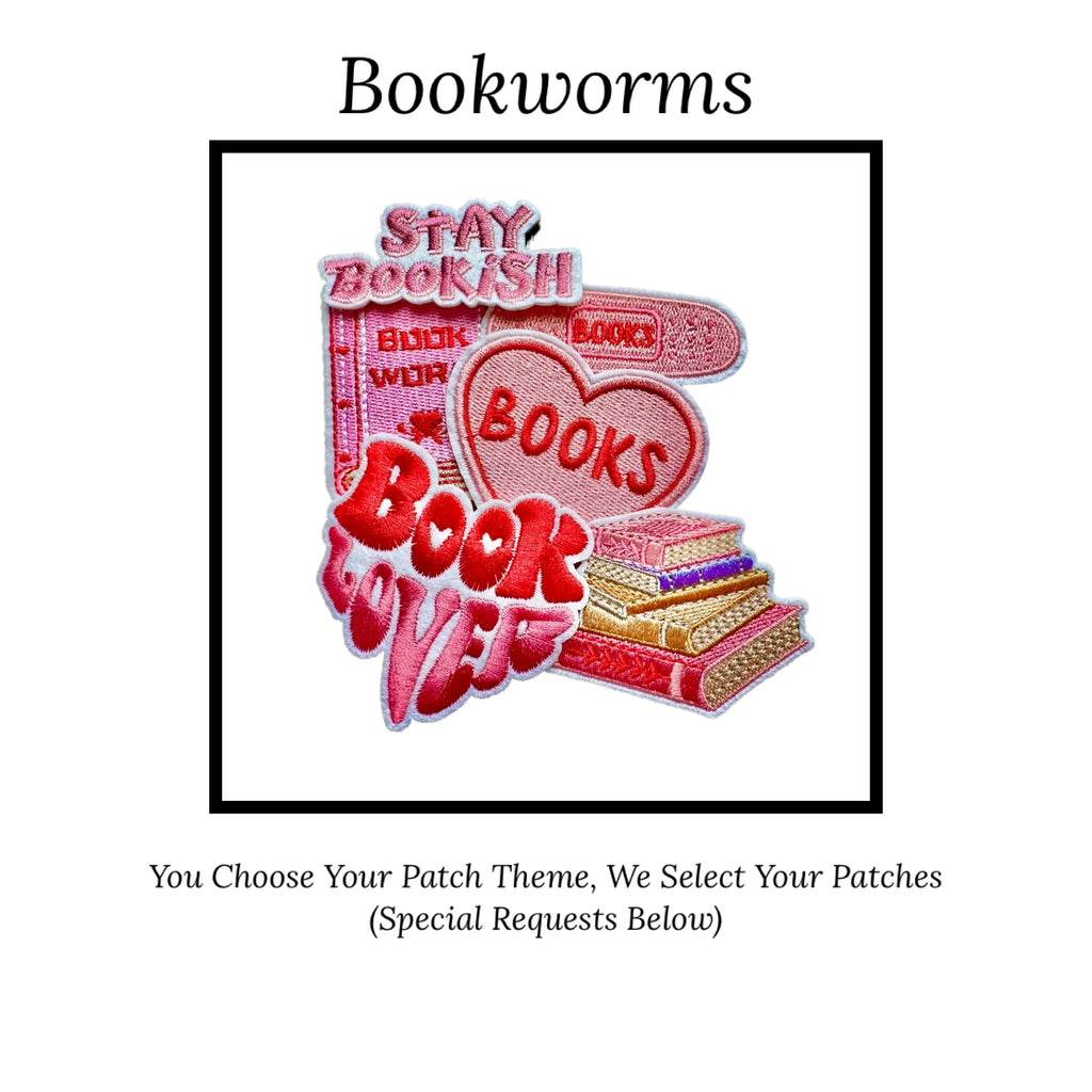 Embroidered iron patches with book-themed design and text on a white background