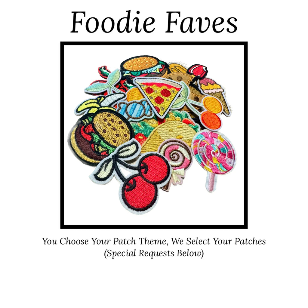 Collection of colorful food-themed iron-on patches on a white background with 'Foodie Faves' text.