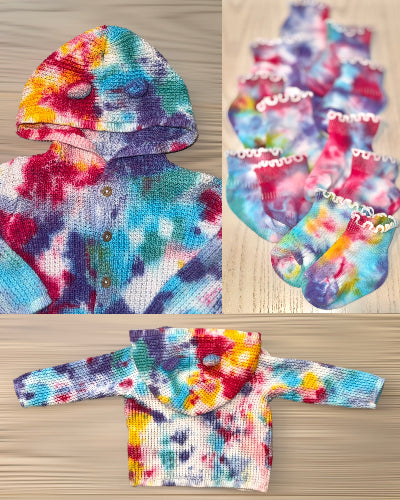 Hand-Dyed Set (12M): Baby Sweater with Hooded Ears + Ruffle Socks Arts & Crafted