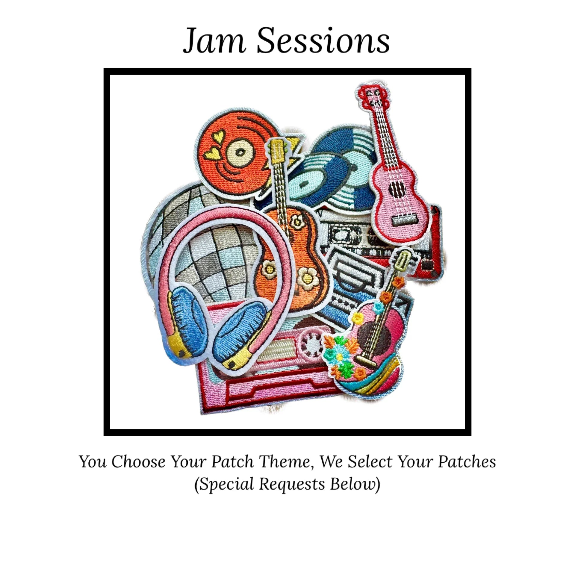 Collection of colorful iron-on patches with musical instruments and headphones on a white background, featuring the text 'Jam Sessions'.