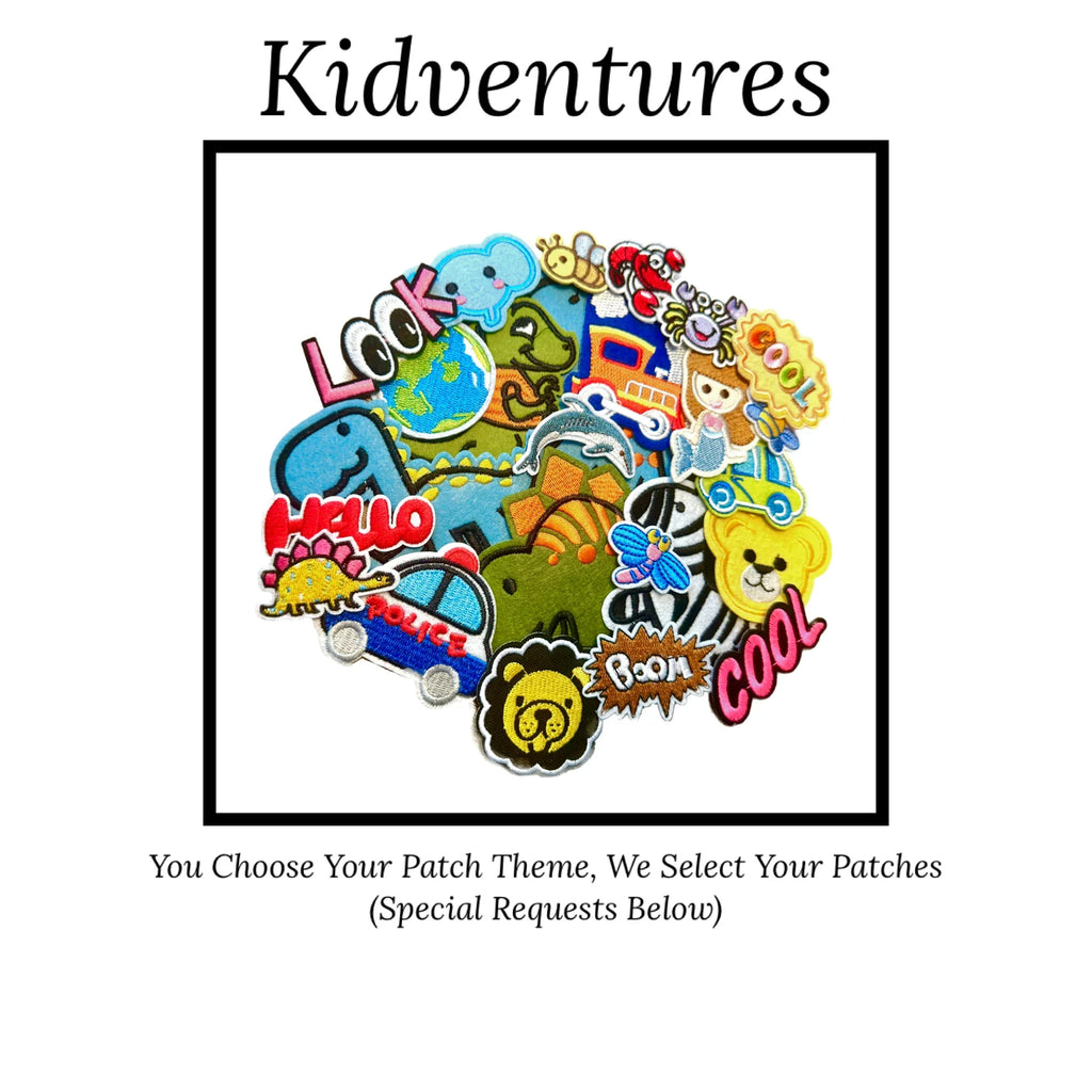 Collection of colorful iron-on patches with various designs and text on a white background, featuring the 'Kidventures' collection.