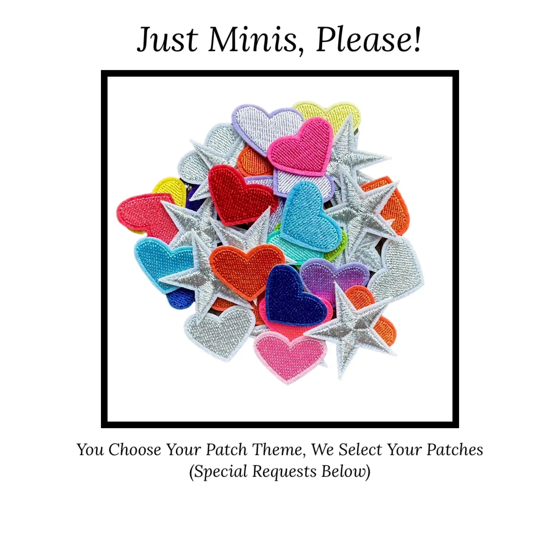 Colorful heart and star mini iron-on patches arranged in a heart shape on a white background with text.