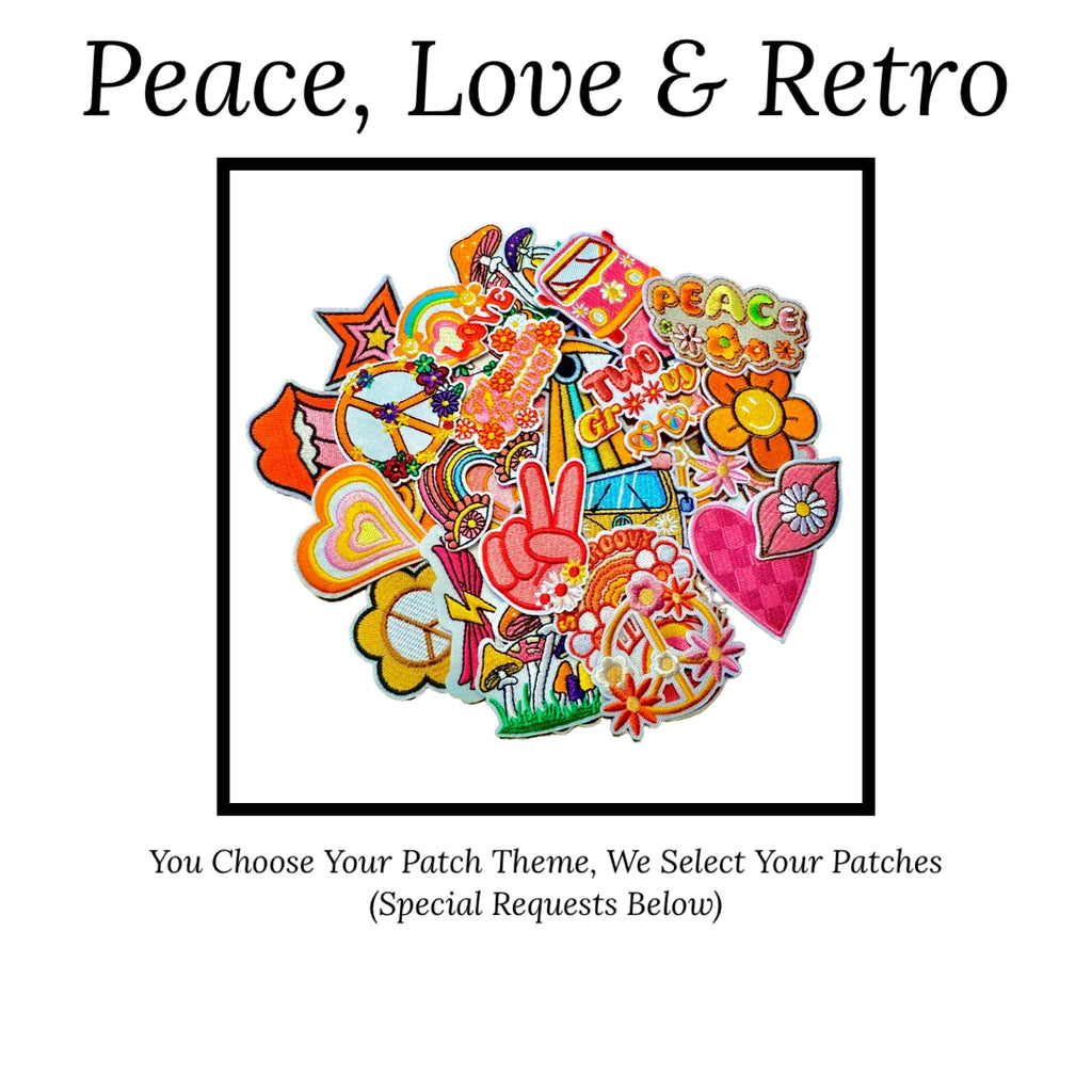 Collection of colorful retro-themed iron-on patches with text 'Peace, Love & Retro' on a white background.