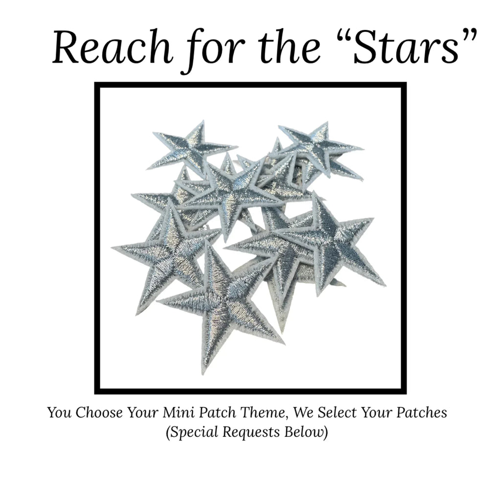 Mini Star-shaped iron-on patches with text 'Reach for the Stars' on a white background