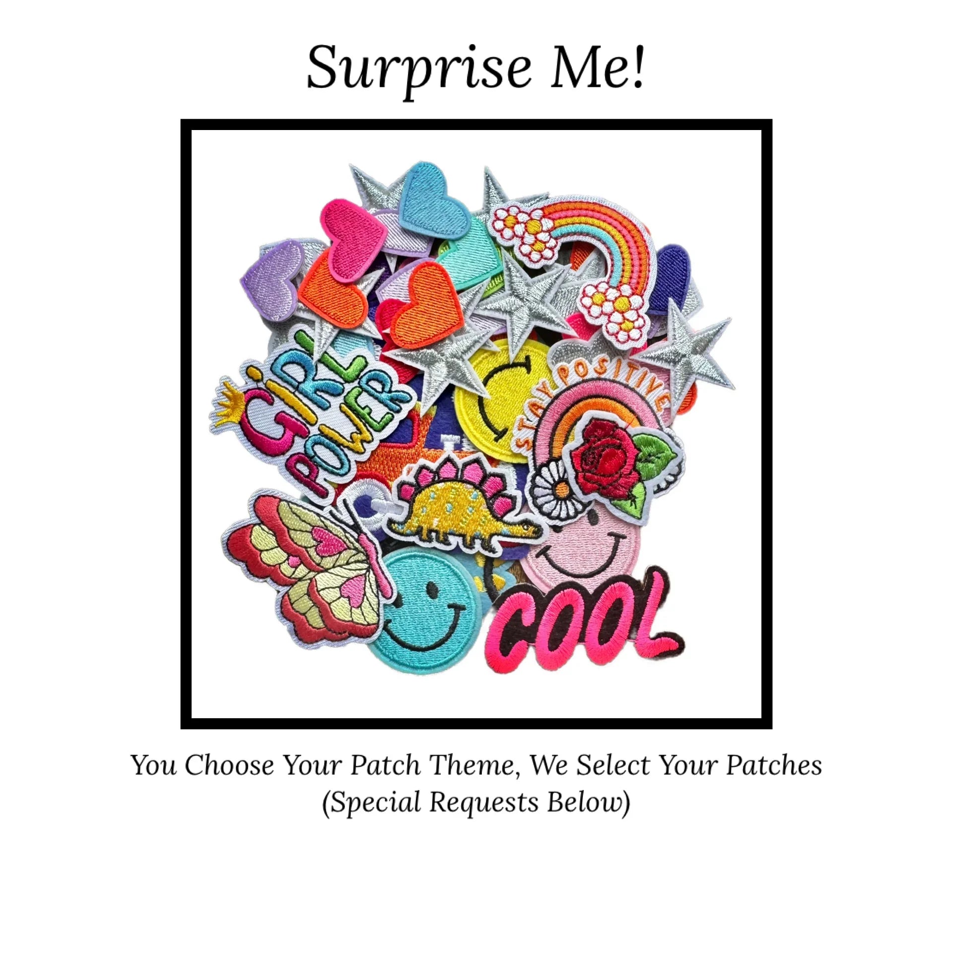 Collection of colorful iron-on patches with various designs on a white background