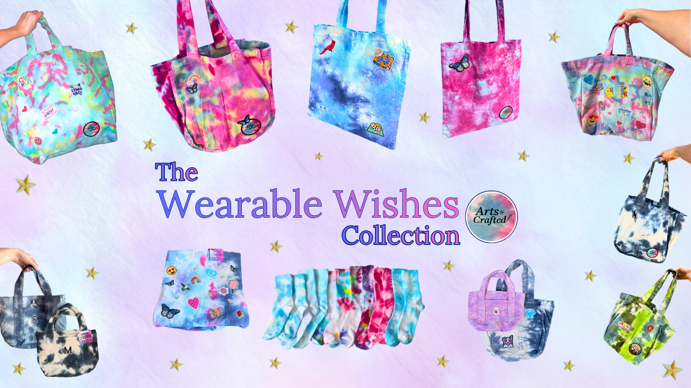 Collection of colorful tie-dye tote bags and clothing with 'The Wearable Wishes Collection' text on a light tie-dye background.
